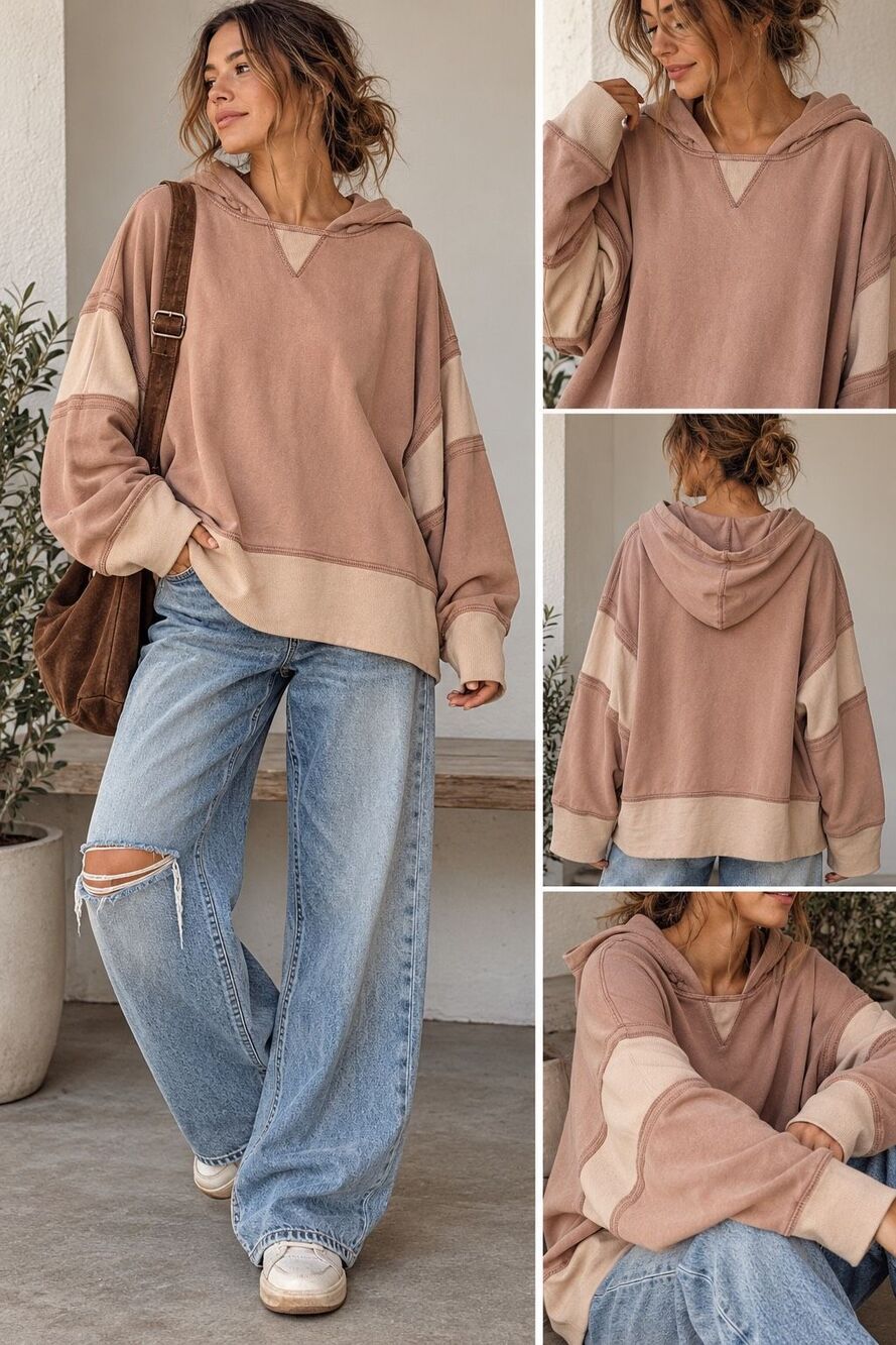 Daily Practice Oversized Cotton Boxy Hoodie Pullover S Mauve Boho Athleisure